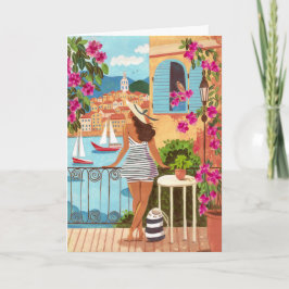 Seaside Balcony Woman Illustration Art Greeting カード