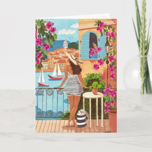 Seaside Balcony Woman Illustration Art Greeting カード (正面)