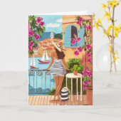 Seaside Balcony Woman Illustration Art Greeting カード (黄色い花)