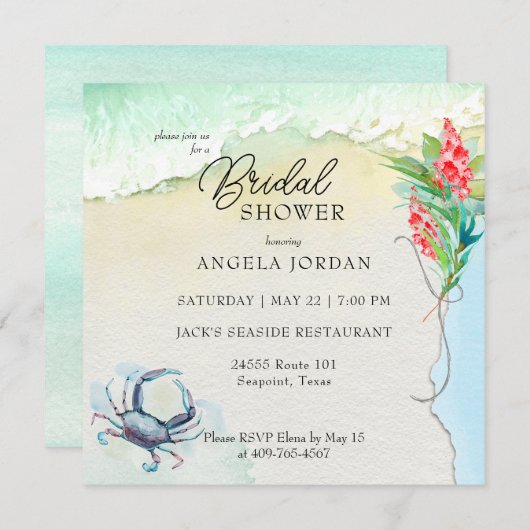 Seaside Blue Crab Tropical Bridal Shower 招待状 (正面/裏面)
