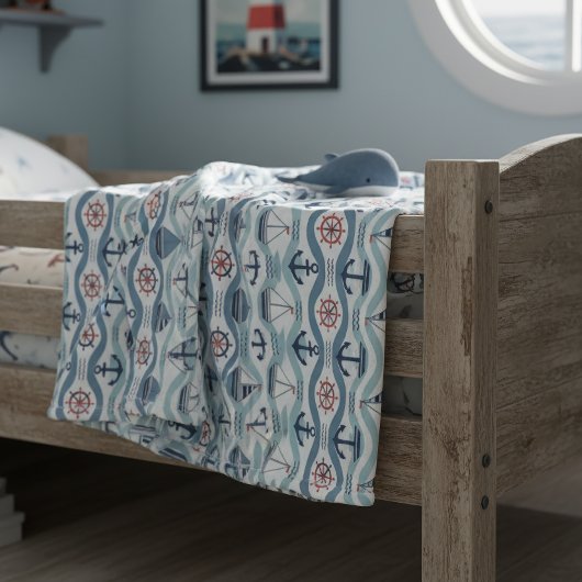 Seaside Blue Sailboats & Anchors Pattern ID1258 フリースブランケット