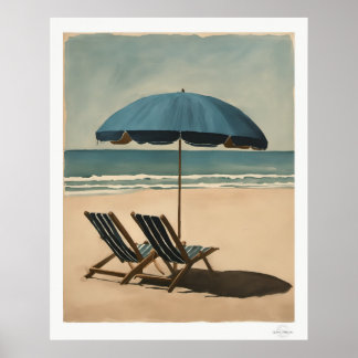Seaside Blue Umbrella and Beach Chairs Oil Paintin ポスター