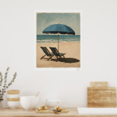 Seaside Blue Umbrella and Beach Chairs Oil Paintin ポスター (キッチン)