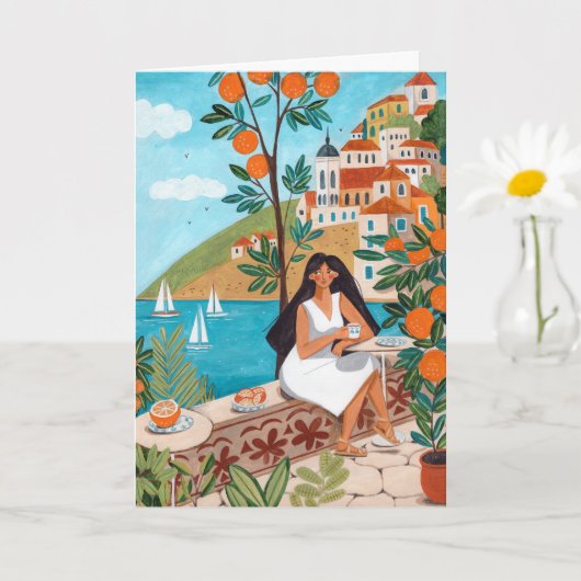 Seaside Café Woman Illustration Art Greeting Card カード (小さな植物)