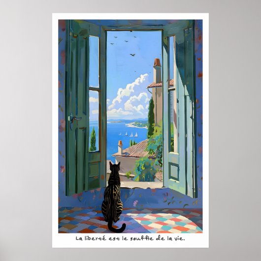 Seaside Cat Art Print French Typography Poster ポスター (正面)