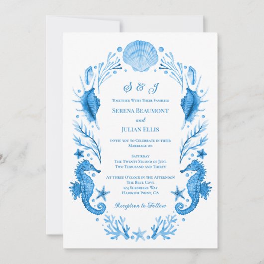 Seaside Elegance Blue Coastal Watercolor Wedding 招待状 (正面)