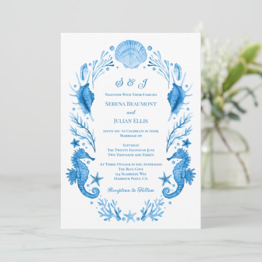 Seaside Elegance Blue Coastal Watercolor Wedding 招待状 (スタンド正面)