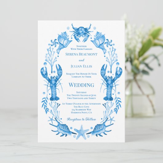 Seaside Elegance Blue Watercolor Coastal Wedding  招待状 (スタンド正面)