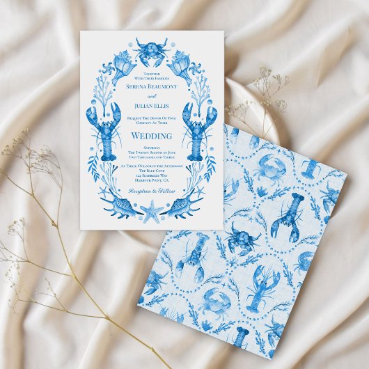 Seaside Elegance Blue Watercolor Coastal Wedding 招待状
