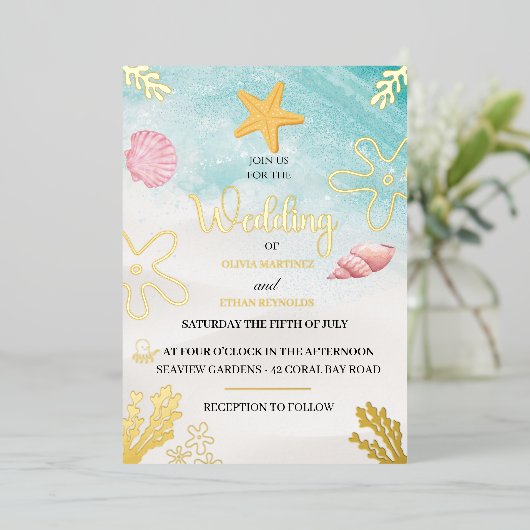 Seaside Elegance Foil Invitation 箔招待状 (立ち正面)