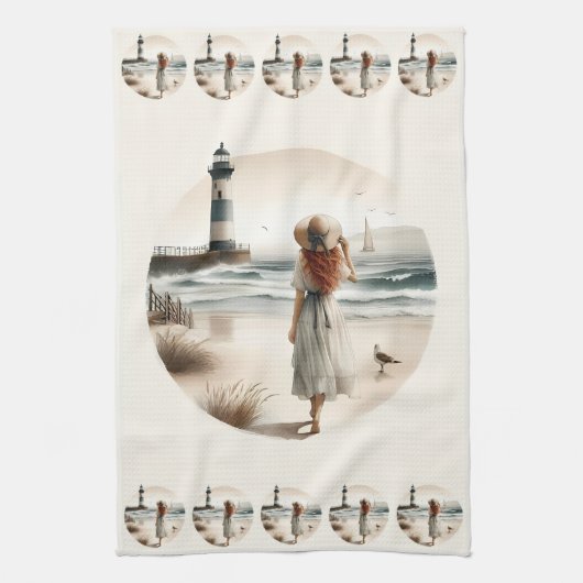 Seaside Lighthouse Stroll キッチンタオル (縦)