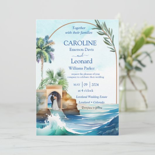 Seaside Love: Tropical Beach Wedding Invitation 招待状 (スタンド正面)