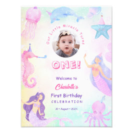Seaside Mermaid Girl First Birthday Welcome Sign フォトプリント