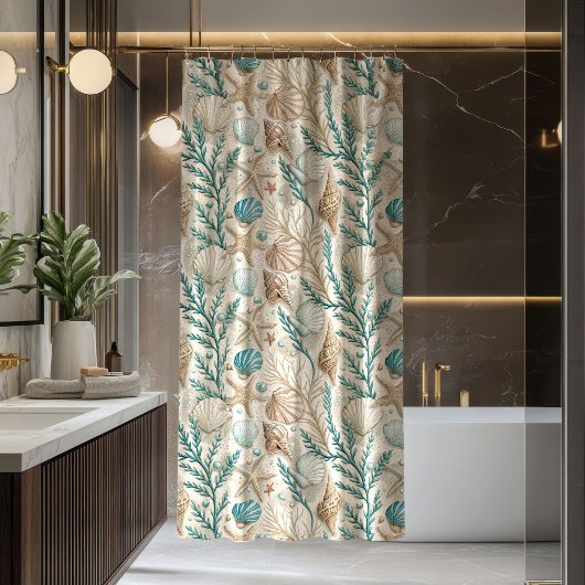Seaside Shower Curtain Ivory and Blue Coastal Vibe シャワーカーテン