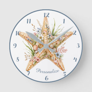 Seaside Starfish Floral Coastal Beach Bloom ラウンド壁時計