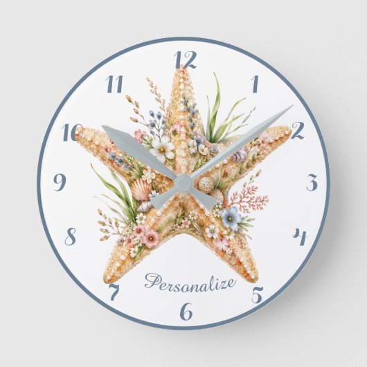 Seaside Starfish Floral Coastal Beach Bloom ラウンド壁時計 (正面)