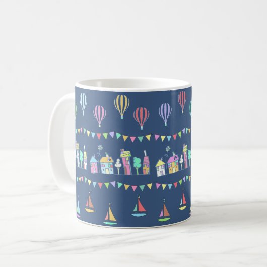 Seaside Town Sail Boats and Bunting Blue コーヒーマグカップ (正面左)