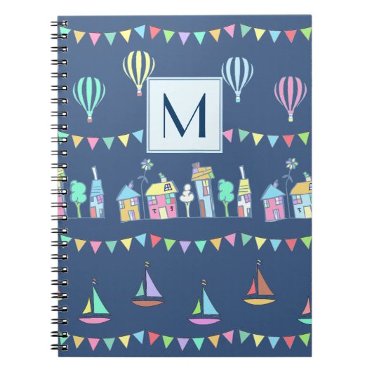 Seaside Town Sail Boats and Bunting Monogram ノートブック (正面)