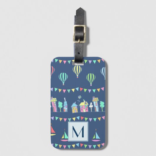 Seaside Town Sail Boats and Bunting Monogram ラゲッジタグ (正面縦)