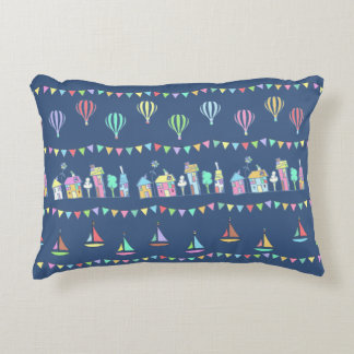 Seaside Town Sail Boats and Bunting Pattern Blue アクセントクッション