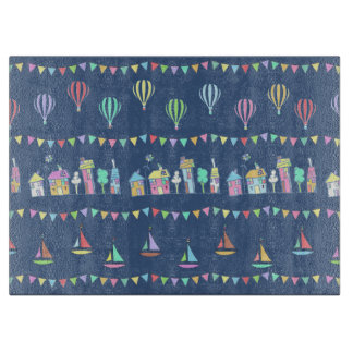 Seaside Town Sail Boats and Bunting Pattern Blue カッティングボード