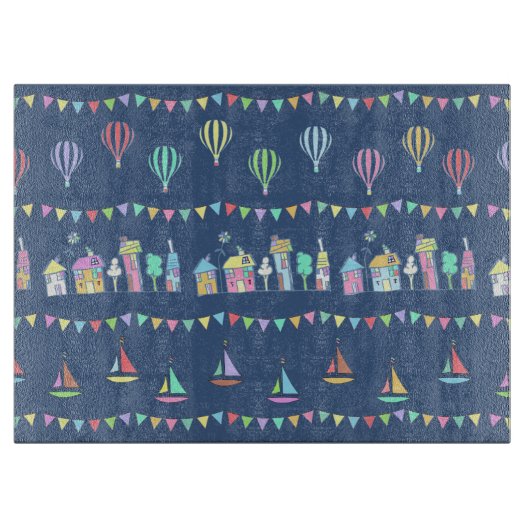 Seaside Town Sail Boats and Bunting Pattern Blue カッティングボード (正面)