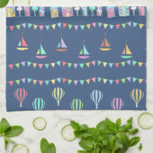 Seaside Town Sail Boats and Bunting Pattern Blue キッチンタオル (折り畳み)