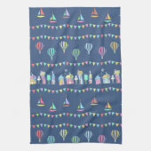 Seaside Town Sail Boats and Bunting Pattern Blue キッチンタオル (縦)
