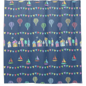 Seaside Town Sail Boats and Bunting Pattern Blue シャワーカーテン (正面)