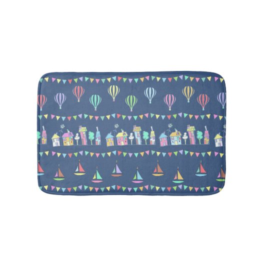 Seaside Town Sail Boats and Bunting Pattern Blue バスマット (正面)