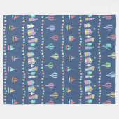 Seaside Town Sail Boats and Bunting Pattern Blue フリースブランケット (正面(横))