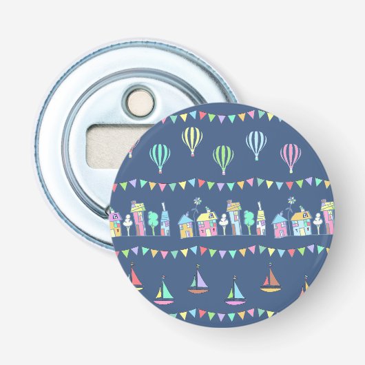 Seaside Town Sail Boats and Bunting Pattern Blue 栓抜き (正面)