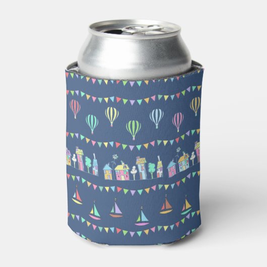 Seaside Town Sail Boats and Bunting Pattern Blue 缶クーラー (缶正面)