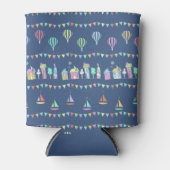 Seaside Town Sail Boats and Bunting Pattern Blue 缶クーラー (正面)