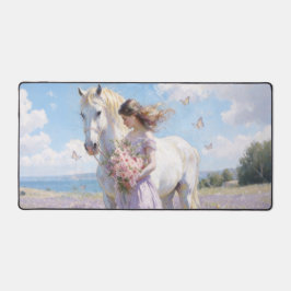 Seaside White Horse & Maiden Oil Painting Desk Mat デスクマット
