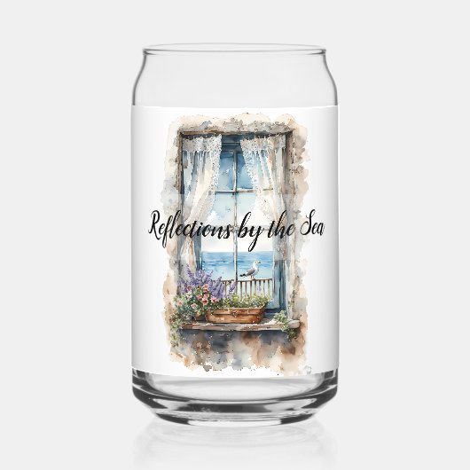 Seaside Window View Watercolor Coastal Scene ガラス缶 (裏面)