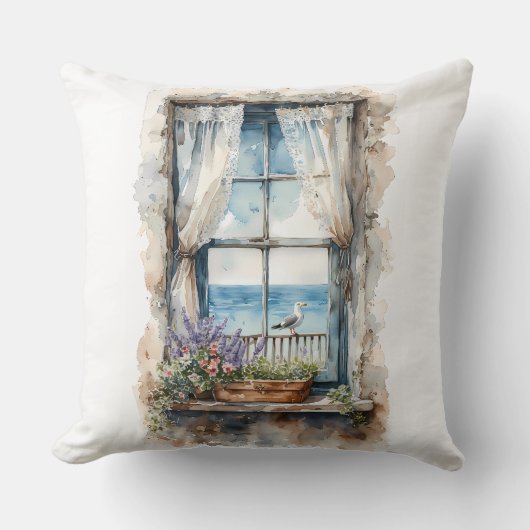 Seaside Window View Watercolor Coastal Scene クッション (正面)