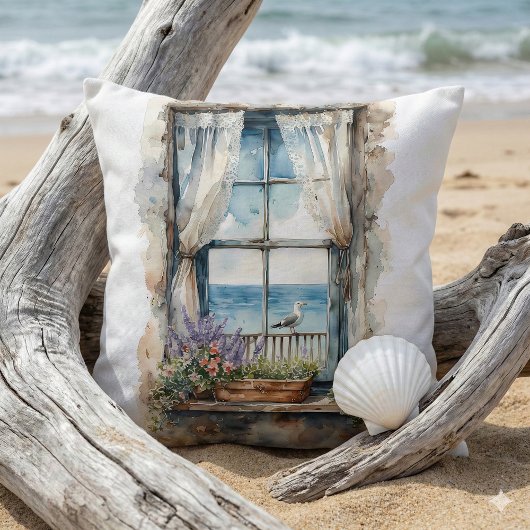 Seaside Window View Watercolor Coastal Scene クッション