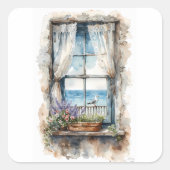 Seaside Window View Watercolor Coastal Scene スクエアシール (正面)
