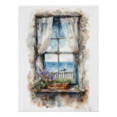 Seaside Window View Watercolor Coastal Scene ポスター (正面)