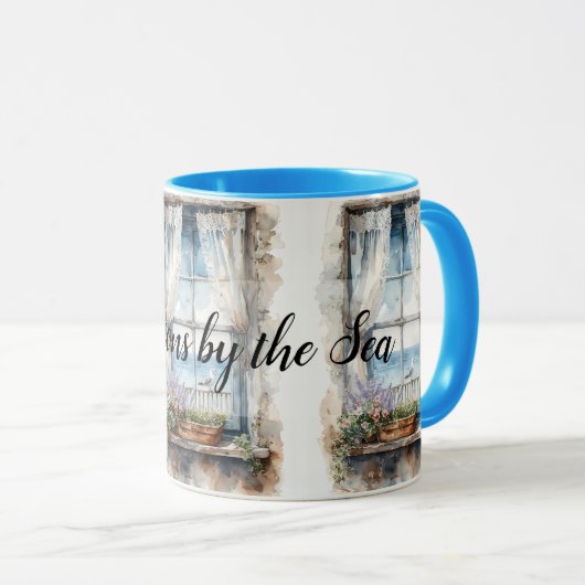 Seaside Window View Watercolor Coastal Scene マグカップ (正面右)