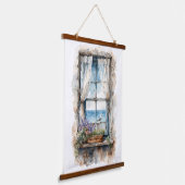 Seaside Window View Watercolor Coastal Scene 吊り下げ型タペストリー (傾斜あり)