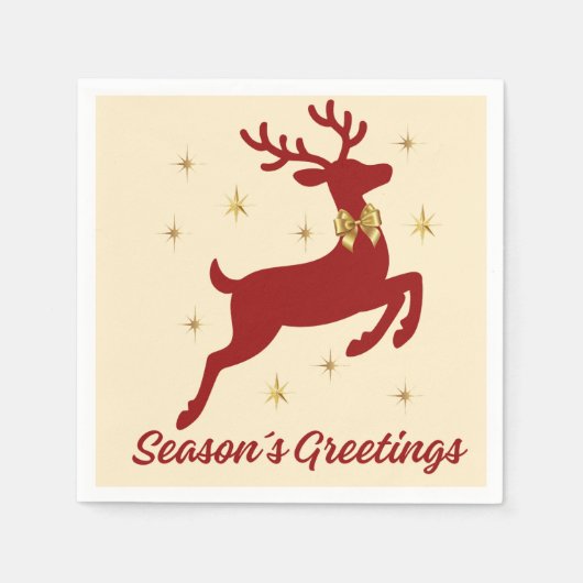 Season’s Greetings Red Reindeer Paper Napkin スタンダードカクテルナプキン (正面)
