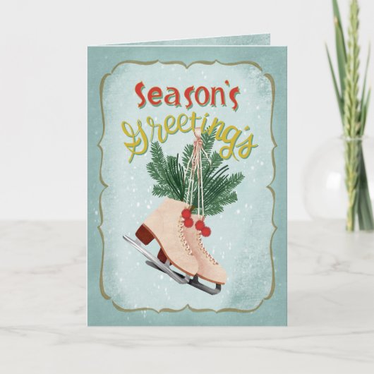 Season’s Greetings Vintage Ice Skates Holiday カード (正面)