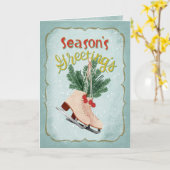 Season’s Greetings Vintage Ice Skates Holiday カード (黄色い花)