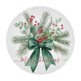 Seasonal Greenery with Red Script Holiday Message カッティングボード