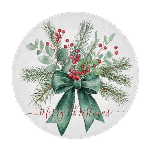 Seasonal Greenery with Red Script Holiday Message カッティングボード (正面)
