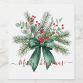 Seasonal Greenery with Red Script Holiday Message ワインラベル (シングルラベル)