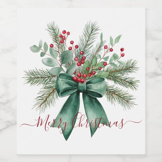 Seasonal Greenery with Red Script Holiday Message ワインラベル (シングルラベル)