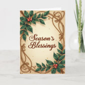 Seasons Blessings Elegant Green and Gold Christmas カード (正面)